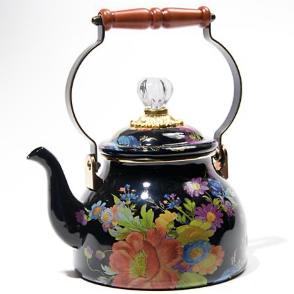 MacKenzie-Childs Black Floral Teapot with Wooden Handle